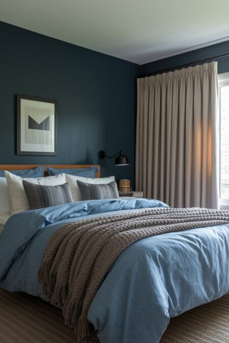 masculine bedroom with navy blue walls and light blue bedding of rugged textile