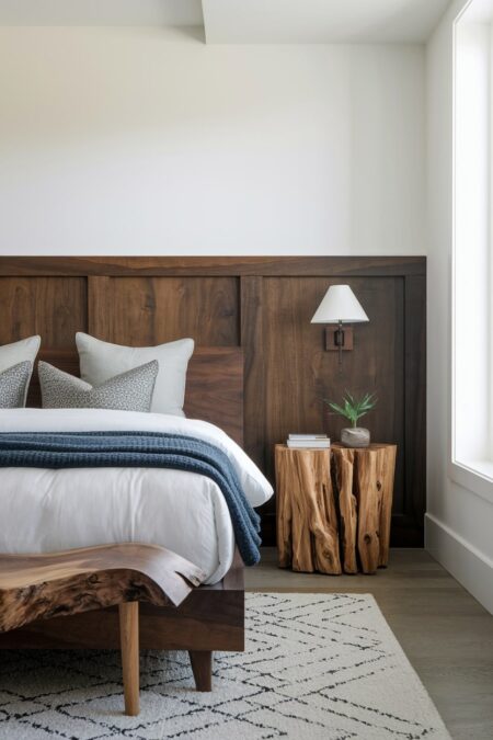 masculine bedroom with solid wood bed frame, live edge nightstand and bench, dark wood board and batten behind the headboard