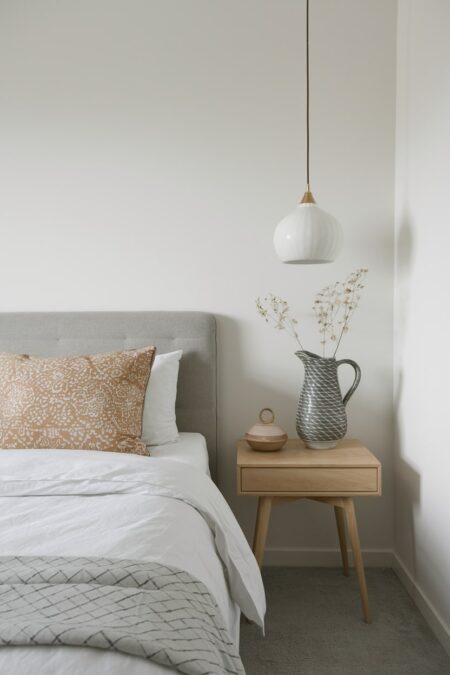 minimalist bedroom with a gray ceramic pitcher as a vase on the bedside table
