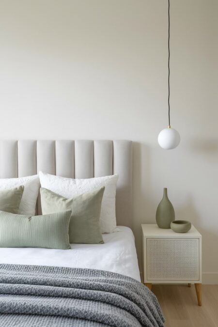minimalist bedroom with sage green accent pillows and ceramic decor on the nightstand