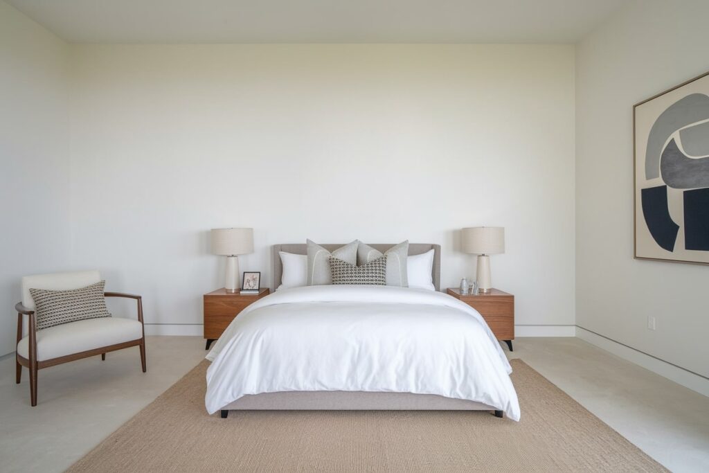 minimalist bedroom with white walls, wooden armchair, area rug, and neutral abstract artwork