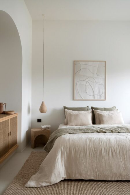 minimalist bedroom with white walls, high-quality neutral bedding, and jute rug