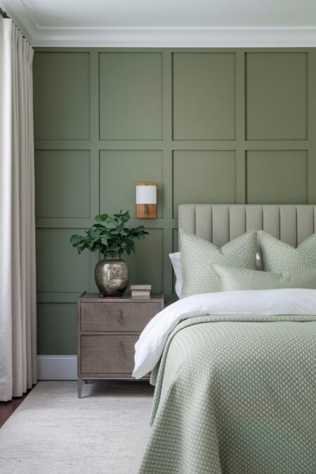 modern bedroom has a sage green accent wall with board and batten behind the headboard