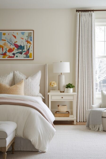 modern bedroom has soft ivory walls with cream undertone and a colorful artwork