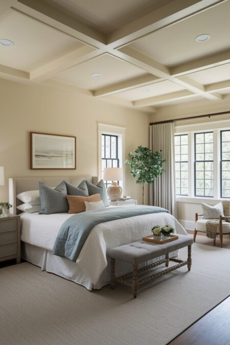 modern bedroom with cream walls and ceiling