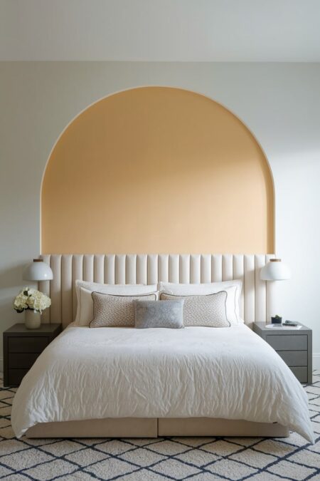 modern bedroom with deep cream or vanilla color wall arch behind the headboard