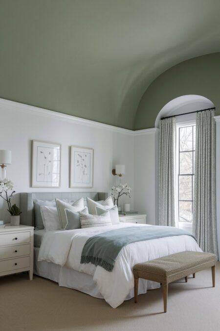 modern bedroom with sage green ceiling and white walls