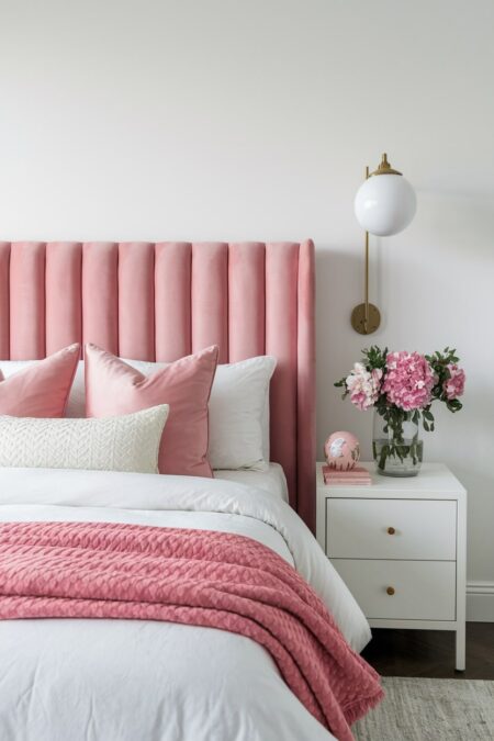 modern bedroom with white walls and nightstand, pink upholstered headboard and throw blanket