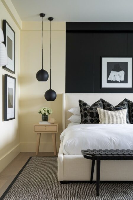 modern cream bedroom with black accent wall panels behind the headboard, black pendant lights, pillows, and artwork