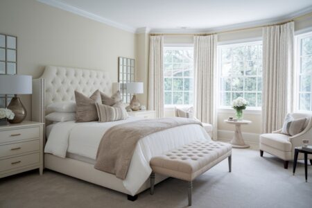 modern cream bedroom with grid mirrors above nightstands