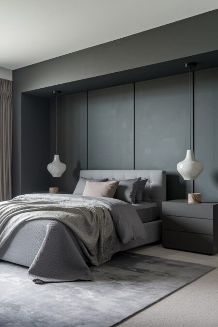 modern gray monochromatic masculine bedroom with light gray or white ceramic pendant lights