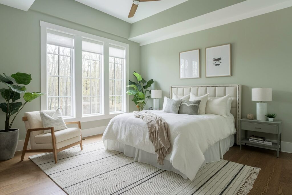 modern light sage green bedroom with white bedding