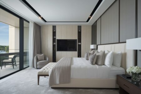 modern luxury bedroom with black floor to ceiling windows, cream bed, and wall-mounted TV
