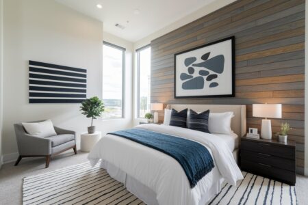 modern masculine bedroom in an apartment with wood wall behind the headboard and navy blue throw blanket