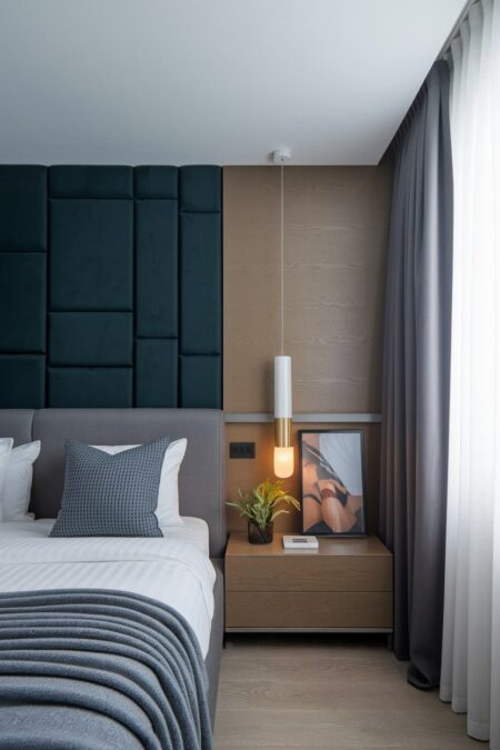 modern masculine bedroom with a gray bed, navy blue upholstered wall panels, and pendant light fixture
