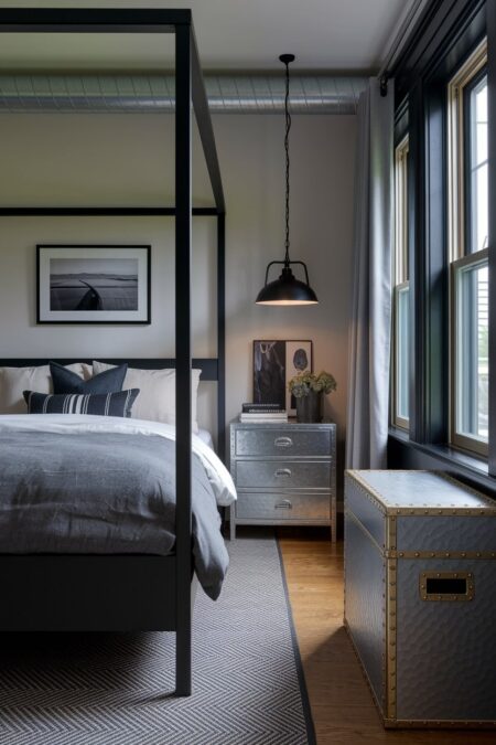 modern masculine bedroom with black metal four poster bed and industrial style elements, metal storage trunk and nightstand