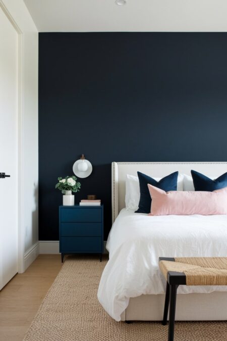 modern minimalist navy blue bedroom with white bedding and light blush pink accent pillow