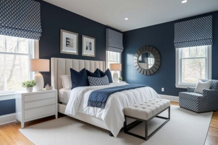 modern navy blue bedroom with white nightstands and table lamps
