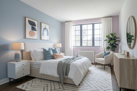 modern pastel bedroom with light blue and light lilac accent walls