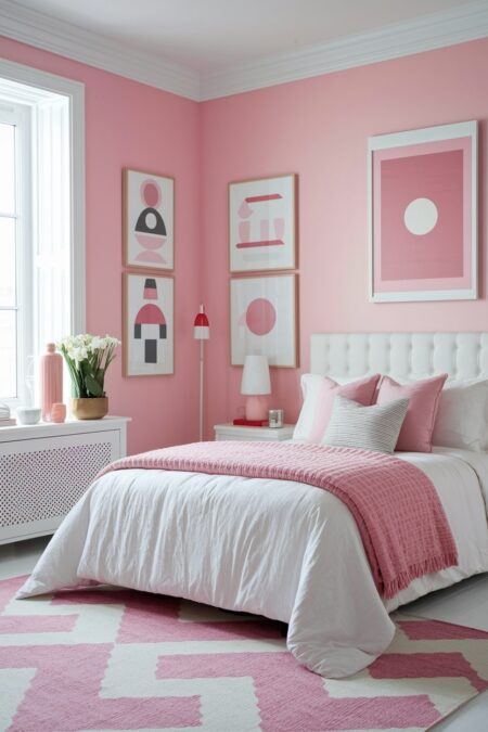 modern pink bedroom with geometric patterns in artwork and area rug