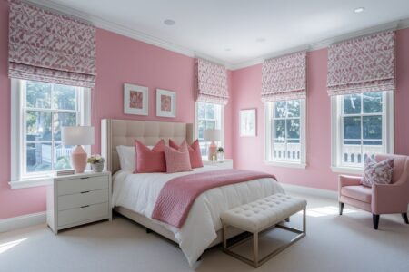 modern pink bedroom with neutral headboard and Roman shades