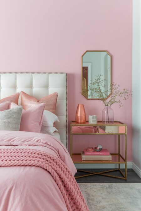 modern pink bedroom with pink bedding, rose gold bedside table, brass mirror, and copper decor