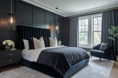 modern sophisticated dark bedroom with velvet bed and black furniture