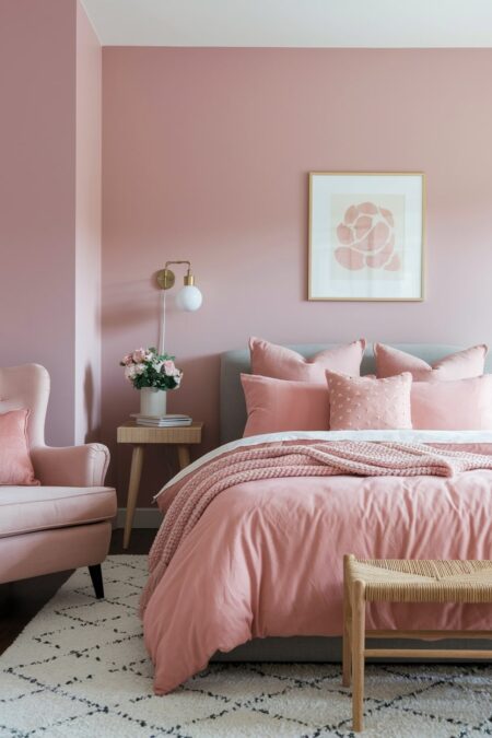 monochromatic blush pink pastel bedroom with a white area rug