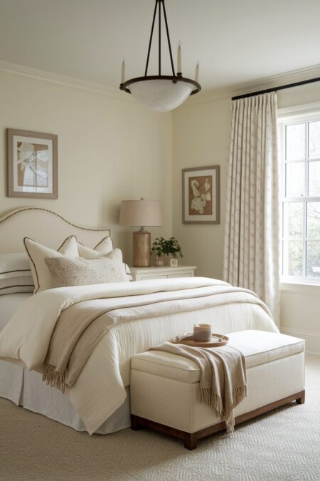 monochromatic cream bedroom with textiles in different cream tones and bedroom storage bench