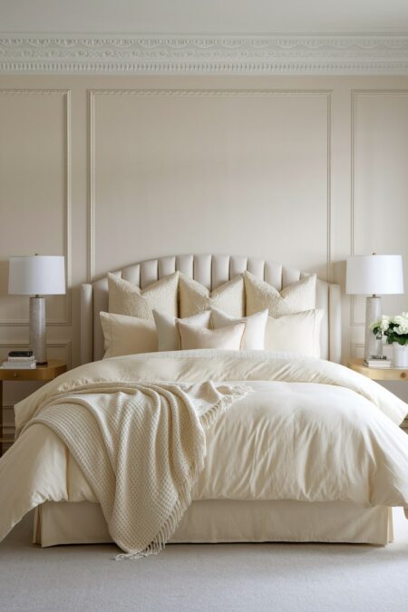 monochromatic cream bedroom with wall moldings and cream bedding