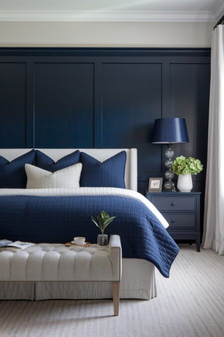 monochromatic navy blue bedroom with cream headboard and curtains