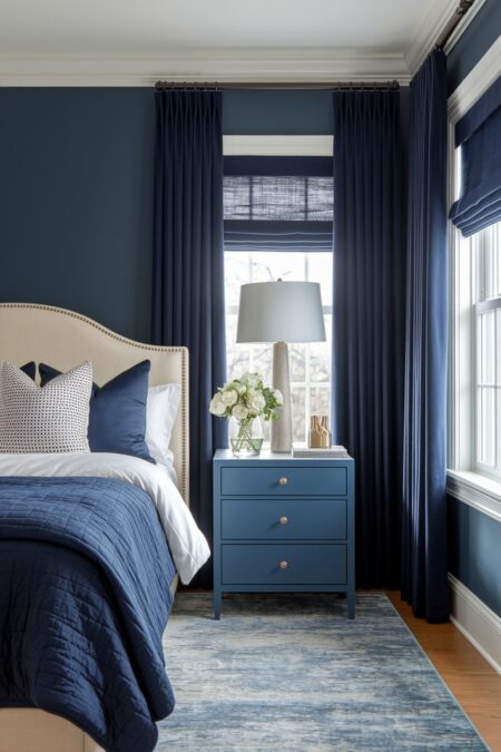 monochromatic navy blue bedroom with navy blue curtains and Roman shades