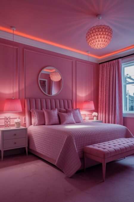 monochromatic pink bedroom with pink lampshades, evening time