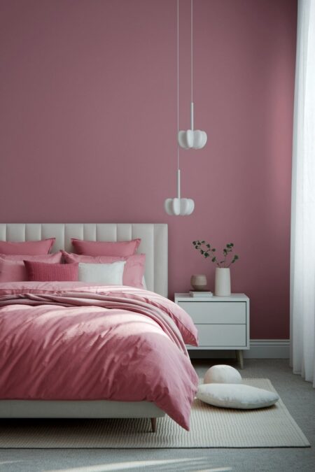 muted millennial pink minimalist bedroom with white nightstand