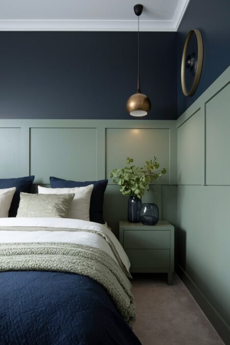 navy blue and sage green bedroom with board and batten and sage green nightstand