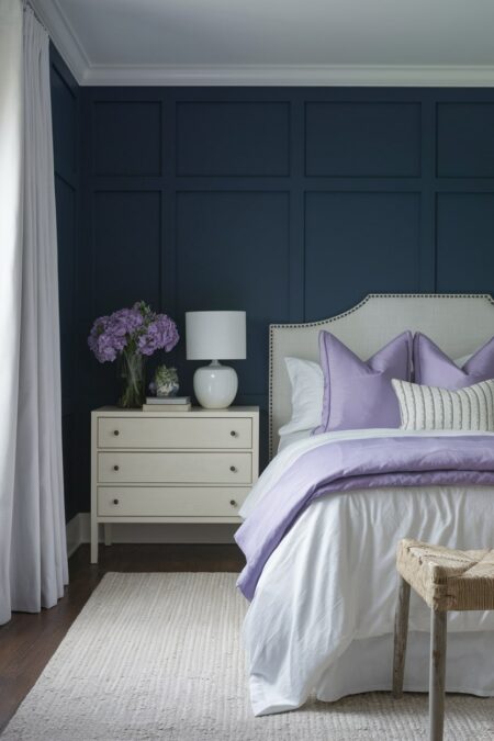 navy blue bedroom with board and batten and lavender accents in bedding