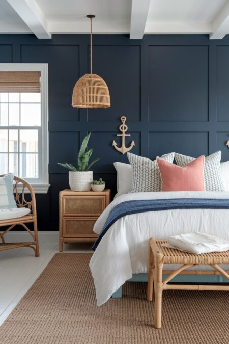 navy blue bedroom with coastal decor, rattan furniture, jute rug, and coral pink accent pillow