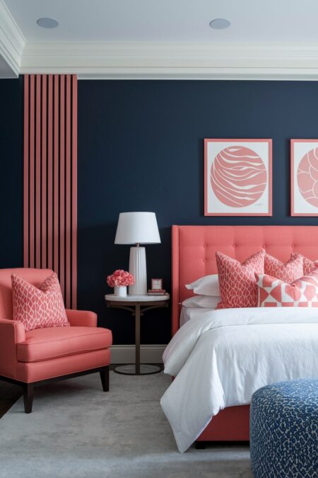 navy blue bedroom with coral bed, accent chair, pillows, and artwork
