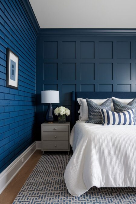 navy blue bedroom with painted brick wall and board and batten