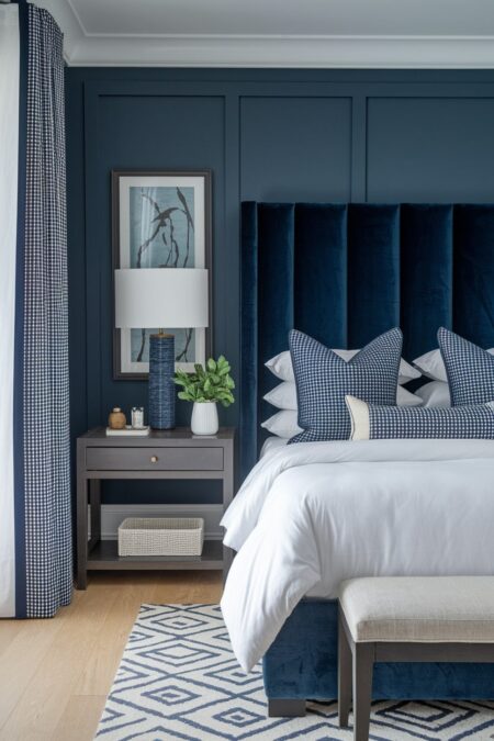 navy blue bedroom with velvet headboard