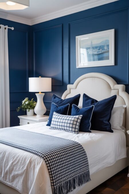 navy blue bedroom with white bedding, table lamp, and curtains