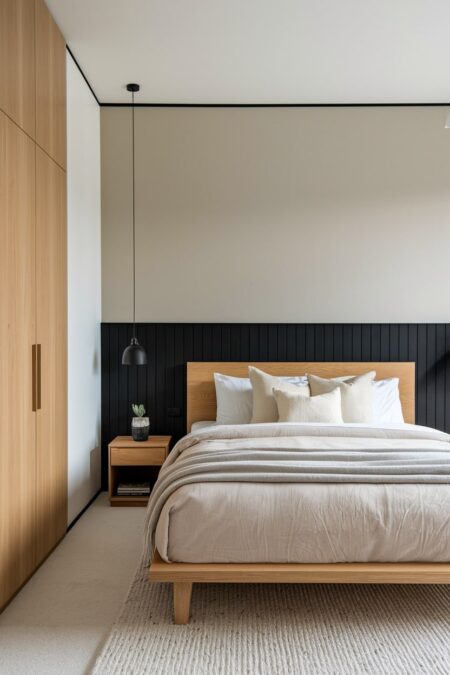 neutral bedroom in a Japandi style with a wood platform bed and black wall panels