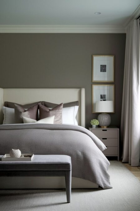 neutral bedroom has monochromatic taupe palette and light headboard