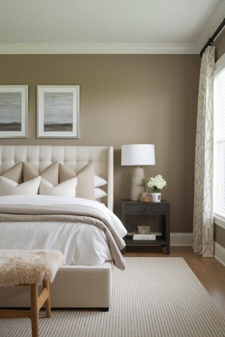neutral bedroom with greige walls, light bed, and dark espresso nightstand