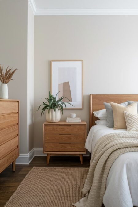neutral bedroom with natural wood bed, nightstand, and dresser