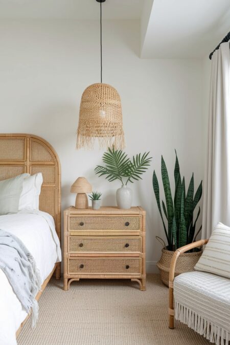 neutral bedroom with rattan and wicker accents in furniture and pendant light
