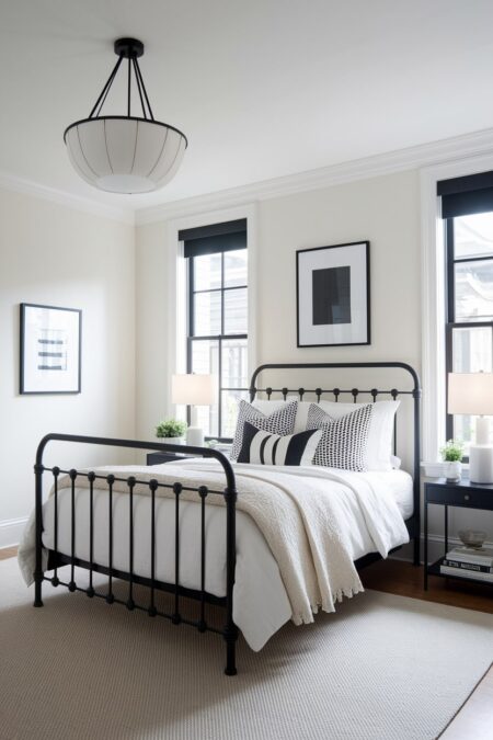 neutral bedroom with white walls, black metal bed frame, window frames, and artwork
