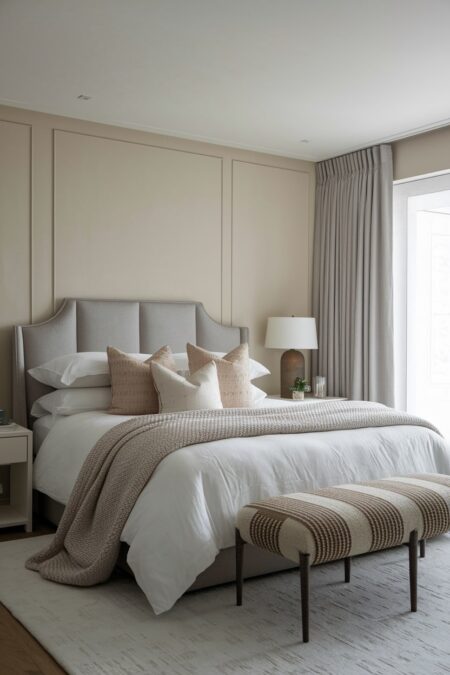 neutral luxury bedroom with high-quality bedding and upholstered bench