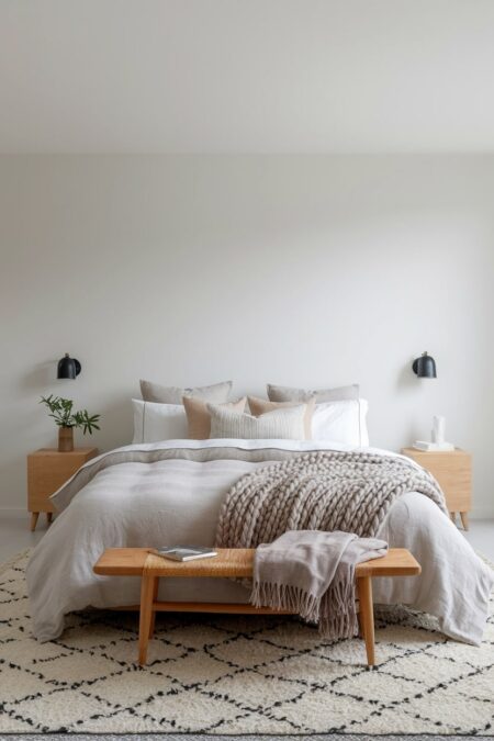 neutral minimalist bedroom with a linen duvet, chunky wool knit throw, and wooden bench