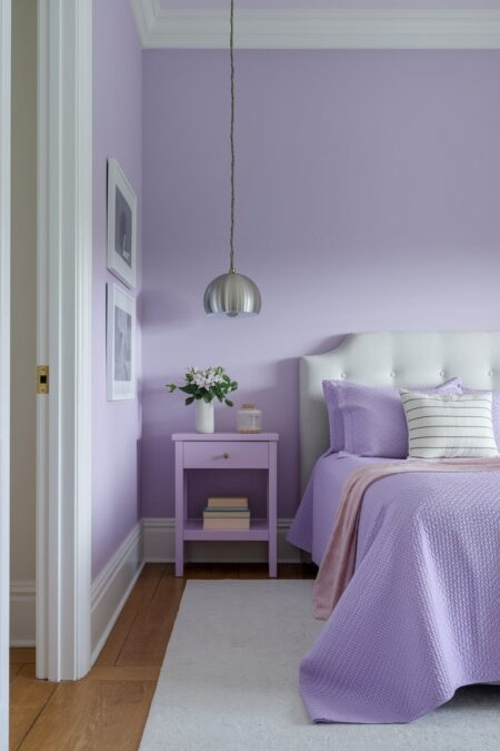 pastel bedroom in lavender shade with light gray headboard and silver pendant lighting fixture